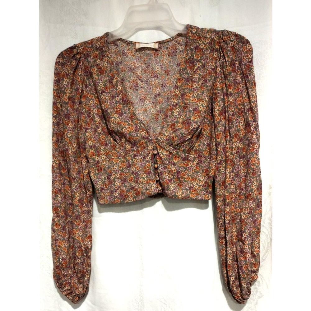 Altar'd State Small Floral Blouse Cropped Puff Sleeve Boho Cottagecore Romantic